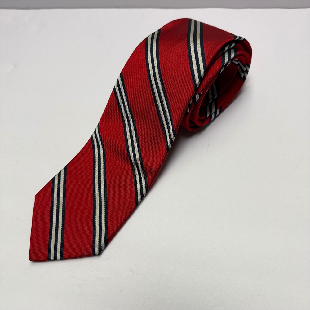 Vintage Brooks Brothers Necktie Mens Red Navy White Striped Silk Repp Makers USA
